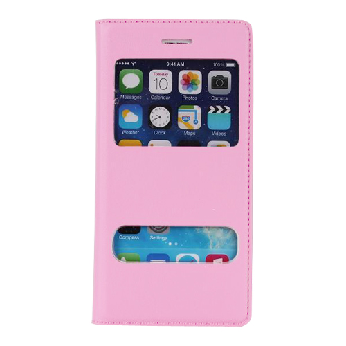 iPhone 6 Plus / 6s Plus S View Deri Dikişli Çift Pencereli Kılıf Pembe&hellip;
